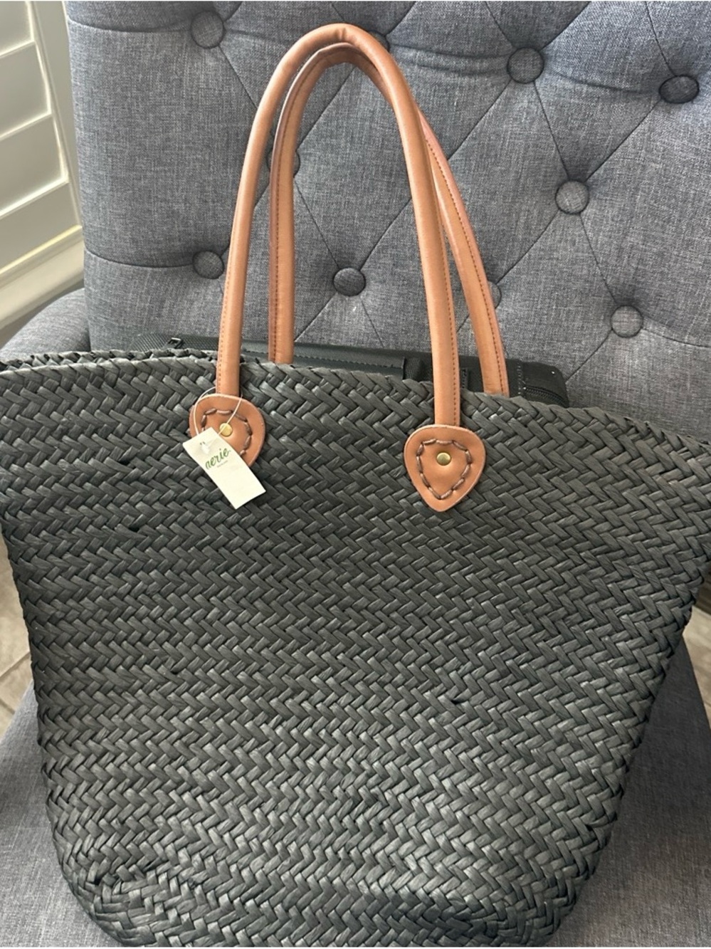 aerie Black Woven Tote with Tan Handles